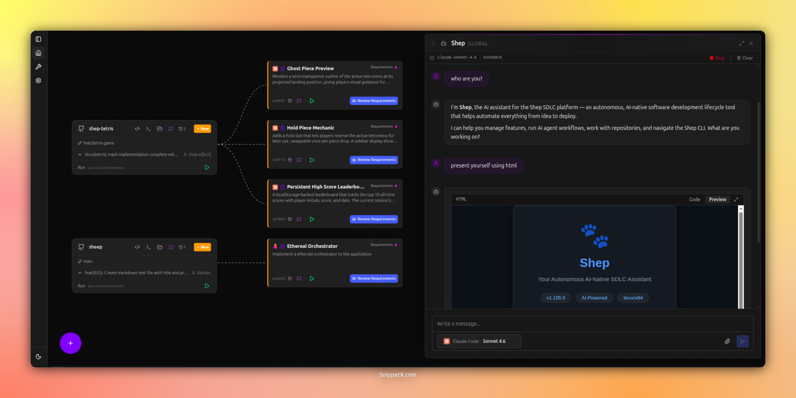 Multiple repos managed from one Shep dashboard, with global chat and HTML preview