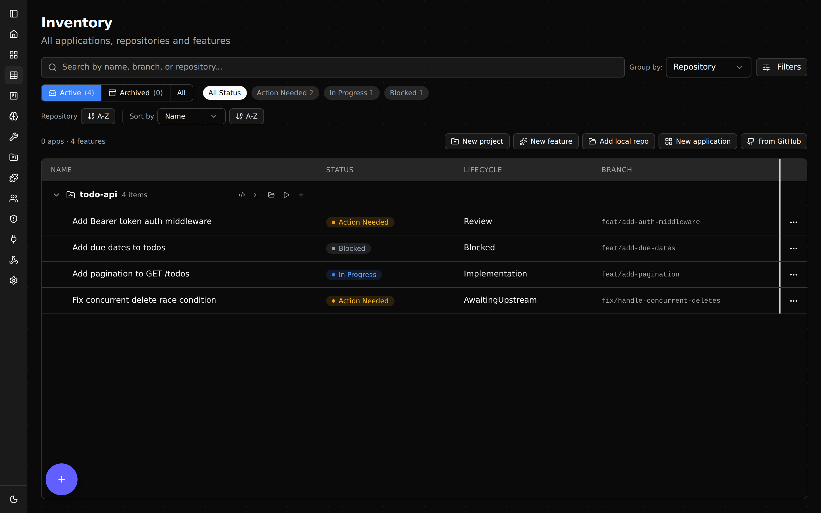 Multiple Shep features running side-by-side in the dashboard, each in its own git worktree