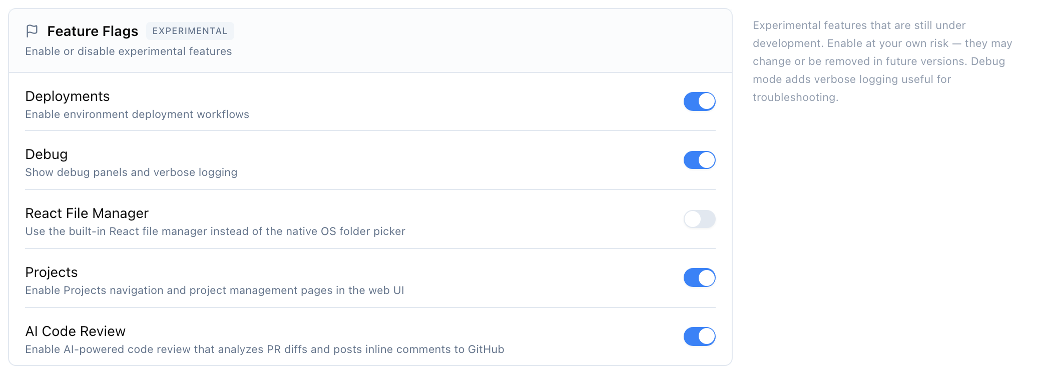 Same section with Debug, Projects, and AI Code Review enabled
