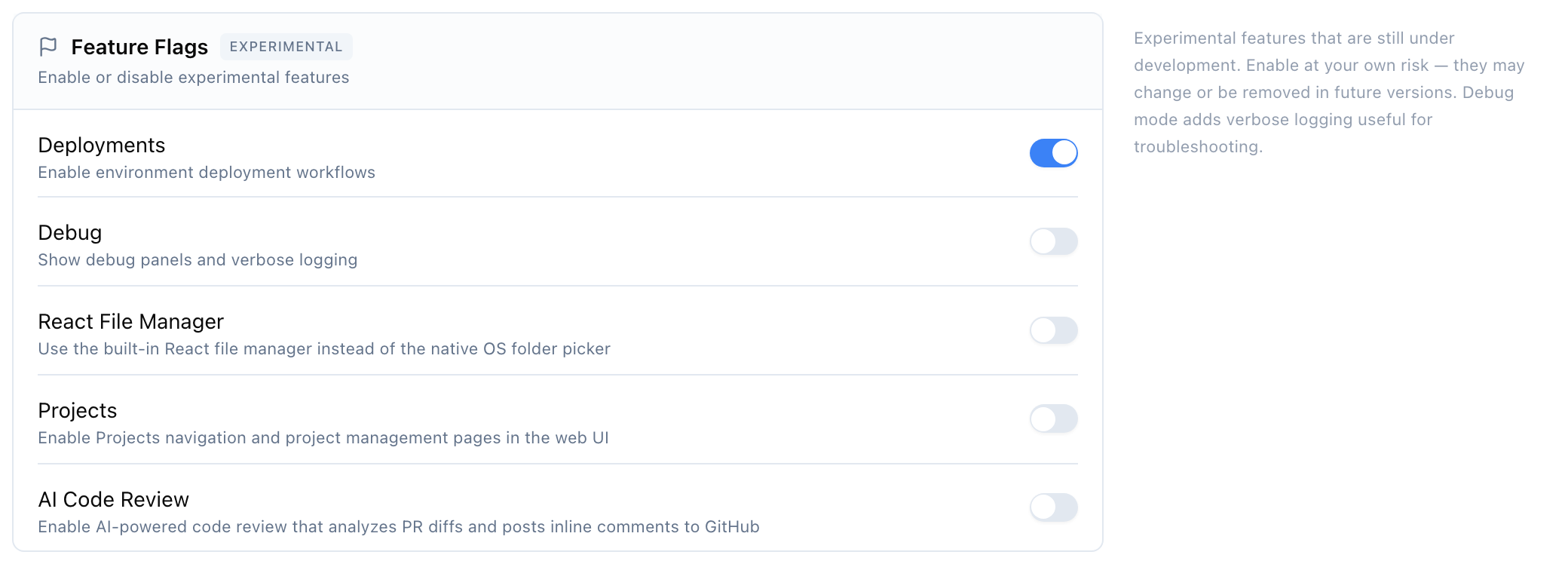 Feature Flags section of Settings — six toggles, only Deployments on by default